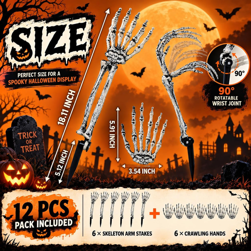 12 Pack Halloween Decorations Outdoor Skeleton Hands and Arms Yard Stakes, Re...