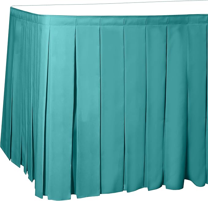 Ultimate Textile Pleat Polyester Fabric Table Skirt - Machine Washable Flame Resistant with Clips for Events, Weddings & Trade Shows, Cut & Sewn in Paterson, NJ - Turquoise, 17' Box Pleat