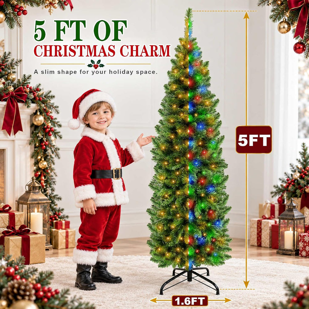 5 Ft Prelit Pencil Christmas Tree with 180 LED Dual Color Change Lights