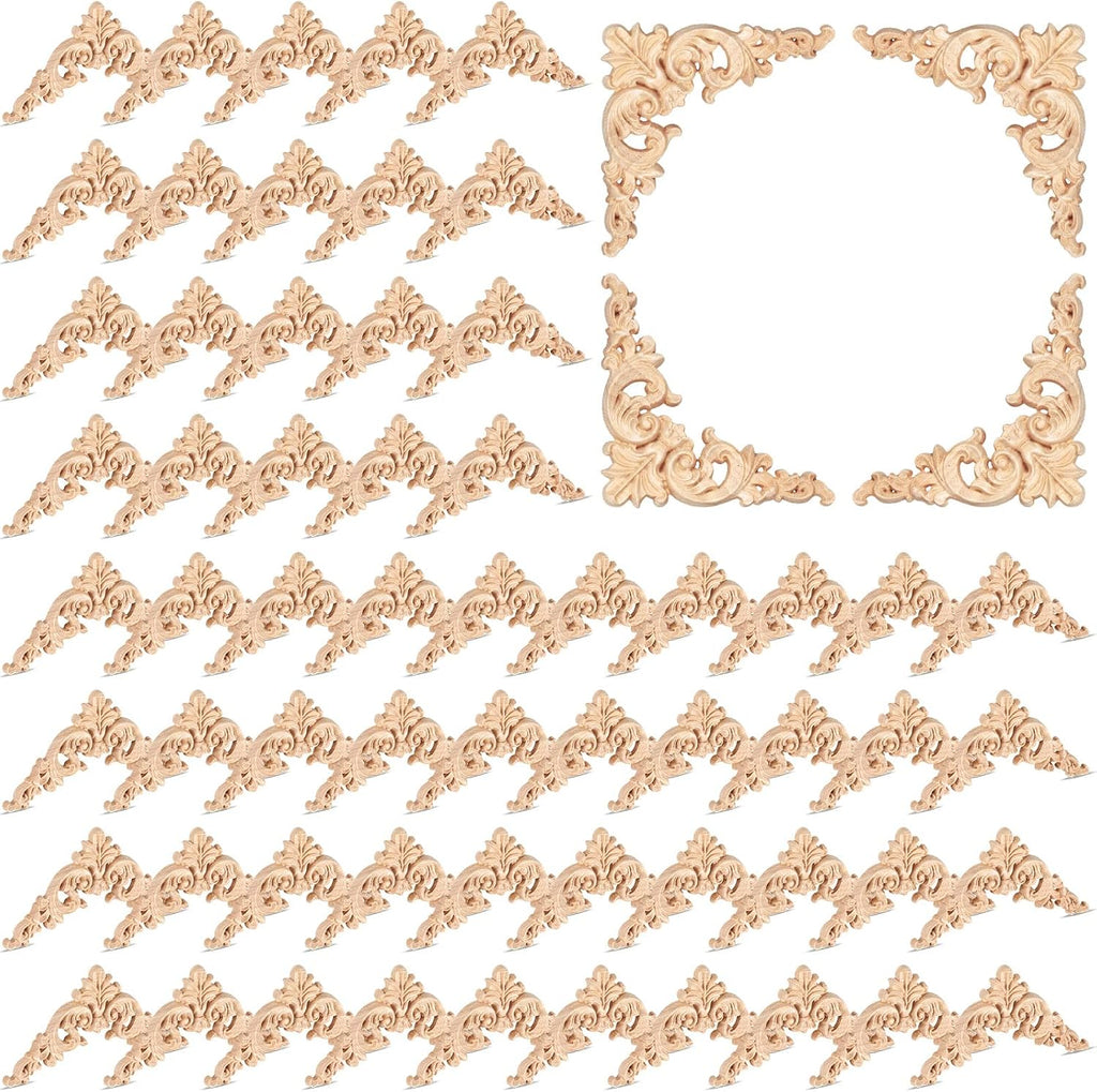 Remerry 60 Pcs Wood Applique Onlays and Wood Corner Decorative Furniture Appliques DIY Unpainted Wooden Carved Corner Decal for Home Furniture Wall Decor, 3.94 x 3.94 Inch