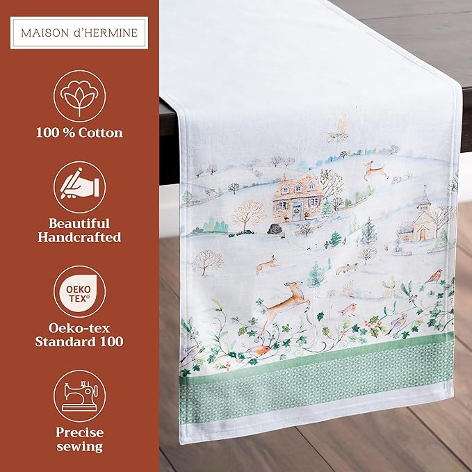 Maison d' Hermine Table Runner 100% Cotton Double Layer Table Runners 108 inches Long for Thanksgiving Christmas Decorations Home Kitchen Dining Party Wedding (Snowy World, 14.5" x 108")