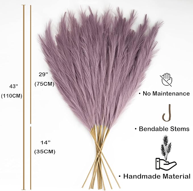 EVODIS Pampas Grass Decor Tall, 43"/110cm Faux Pampas Grass 6 Stems Large Pompass Grass Branches Tall Bulk Boho Flower Arrangement for Home Room Wedding Party Decor (Light Purple)