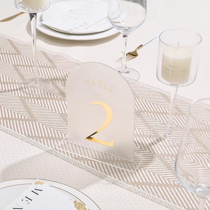UNIQOOO Frosted Arch Wedding Table Numbers 1-15 w/Stands, Gold Foil Printed 5x7 Acrylic Display Signs &Holders, Pack of 15, Perfect for Centerpiece, Reception, Decoration, Party, Anniversary, Event