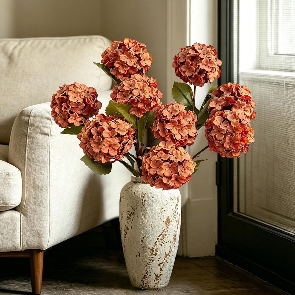 Thewe 4Pcs Orange Hydrangea Artificial Flowers – 27" Vintage Fake Flowers