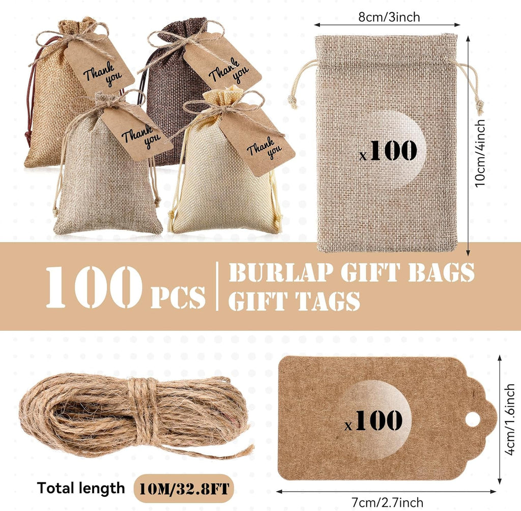 woanger 100 pcs drawstring burlap gift bags 4x6'' shown in use
