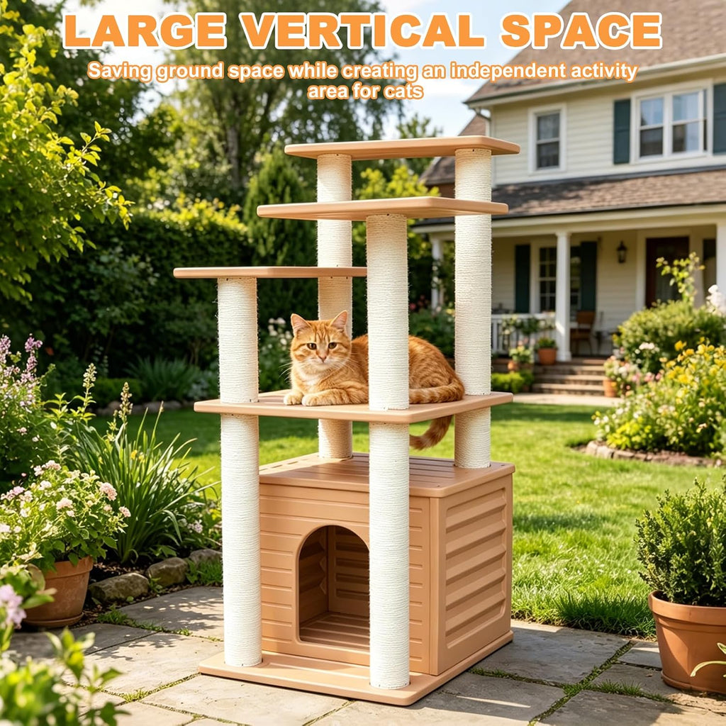 46" indoor&outdoor cat tower,weatherproof cat condo with scratching shown in use