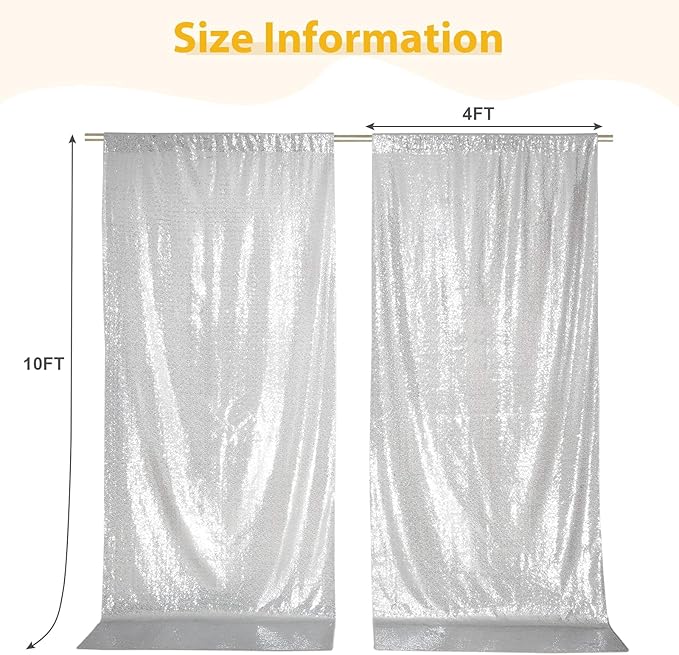 SquarePie Sequin Backdrop Curtain 8FT x 10FT Silver Satin Backing Fabric Photography Background for Wedding Patry 4FT x 10FT 2 Panels (2 PCS)