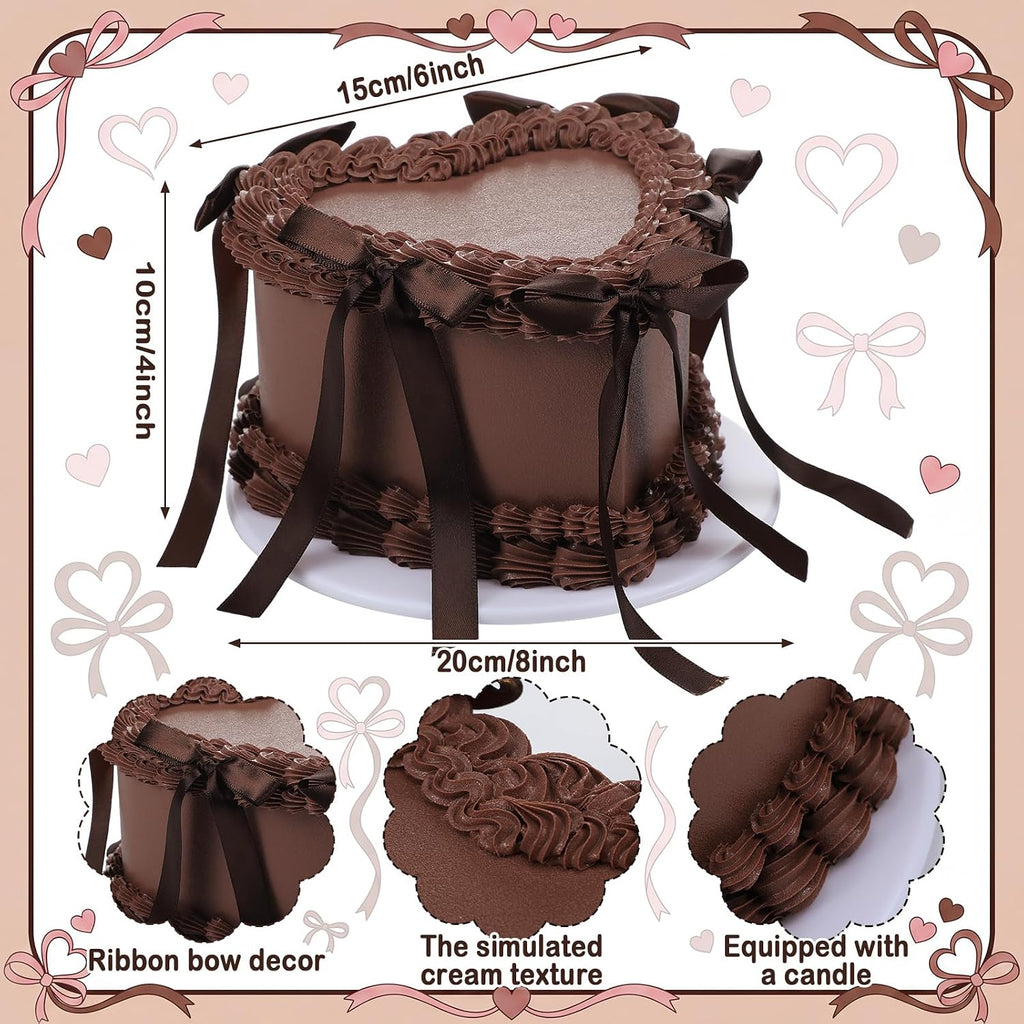 Remerry 6 Inch Chocolate Heart Fake Cake Bow Birthday Fake Cake Decor