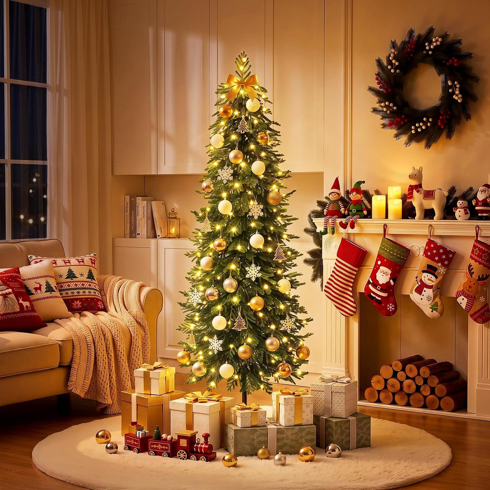 6Ft Pre-Lit Skinny Christmas Tree， Slim Pencil Xmas Tree