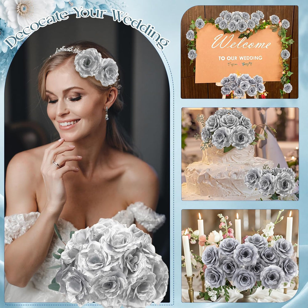 Yunlly 240 Pcs Silver Artificial Flower Silk Rose Head Flower with Stem