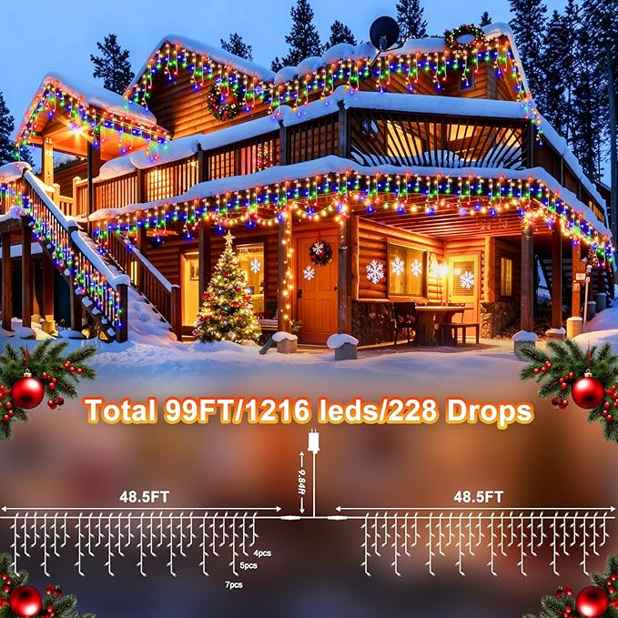 KNONEW 99ft 1216 LED Christmas Lights Outdoor 8 Modes Curtain Fairy String Light with 228 Drops, Clear Wire LED String Light Decor for Wedding Party Christmas Decorations(Multicolor)
