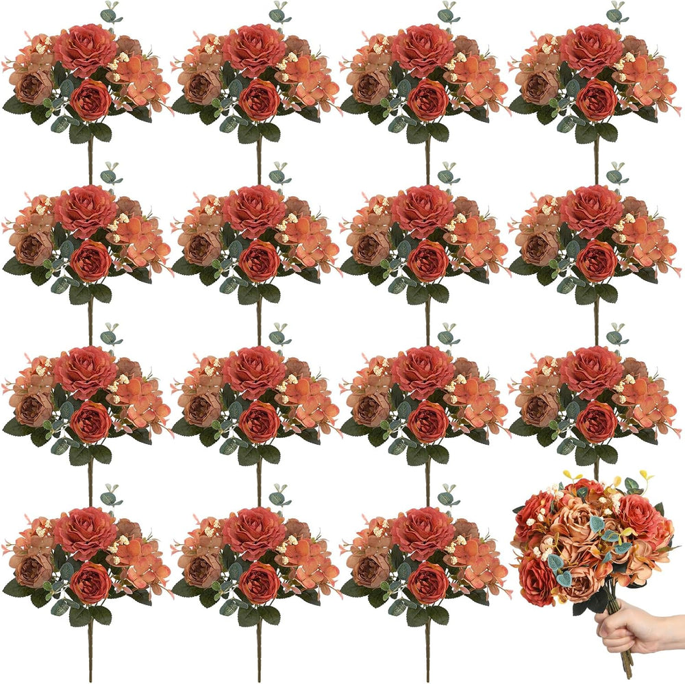Yunlly 16 Packs Artificial Peony Flowers Silk Bouquet, Orange, Elegant