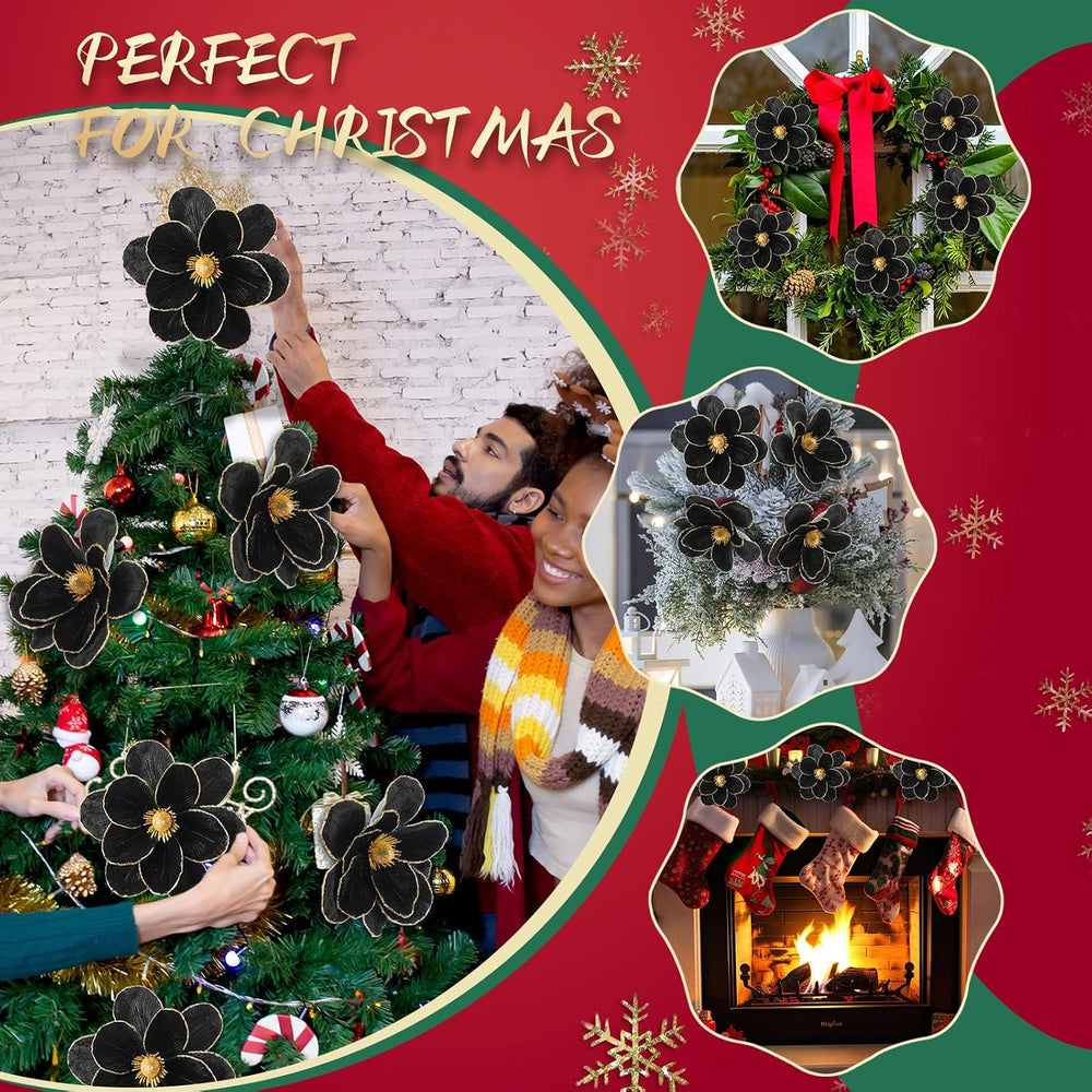 12 Pcs Large Velvet Christmas Poinsettia Magnolia Flowers Ornaments Glitter B...