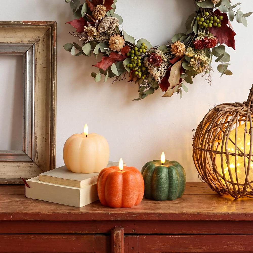 Fall Decor, Fall Decorations for Home, Flameless Pumpkin Candles, Set of 3