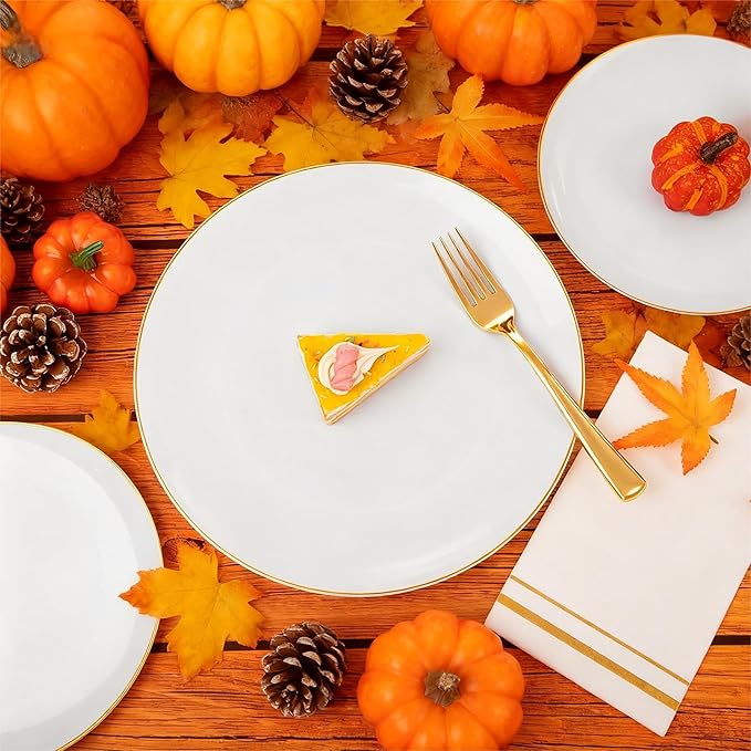 Festiva 176Pcs White and Gold Plastic Plates - White with Gold Rim Fall Dinnerware Set - 25Guest include Plates Cups Cutlery Napkins for Fall Party&Wedding& New Year&Thanksgiving (175PCS)