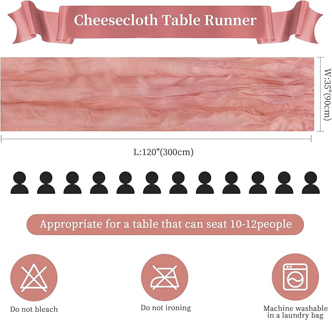 Cheesecloth Table Runner 10FT Long Boho Gauze Table Runner Rustic Sheer Runner for Wedding Bridal Baby Shower Birthday Party Table Decor Thanksgiving Christmas Decorations (12pcs, Rose)