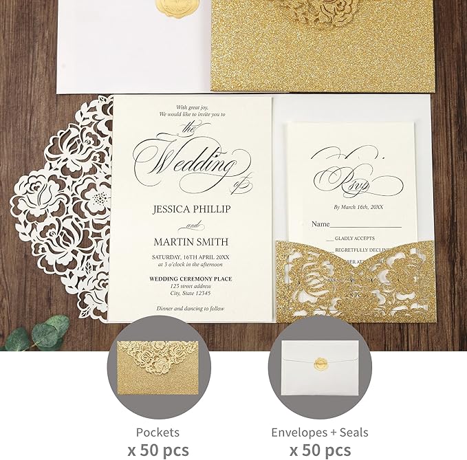 DORIS HOME 50pcs Laser Cut Wedding Invitation Pockets with Envelopes Gold Glitter, 5.12" x 7.12"Invitation Cards for Wedding, Anniversary (No Inserts Included)