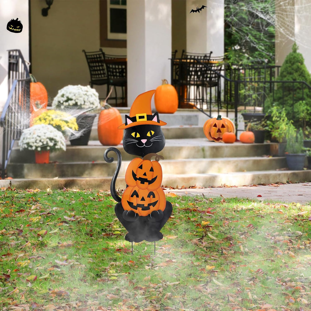 Glitzhome 36" H Halloween Yard Stake, Metal Black Cat with Spring Head a...
