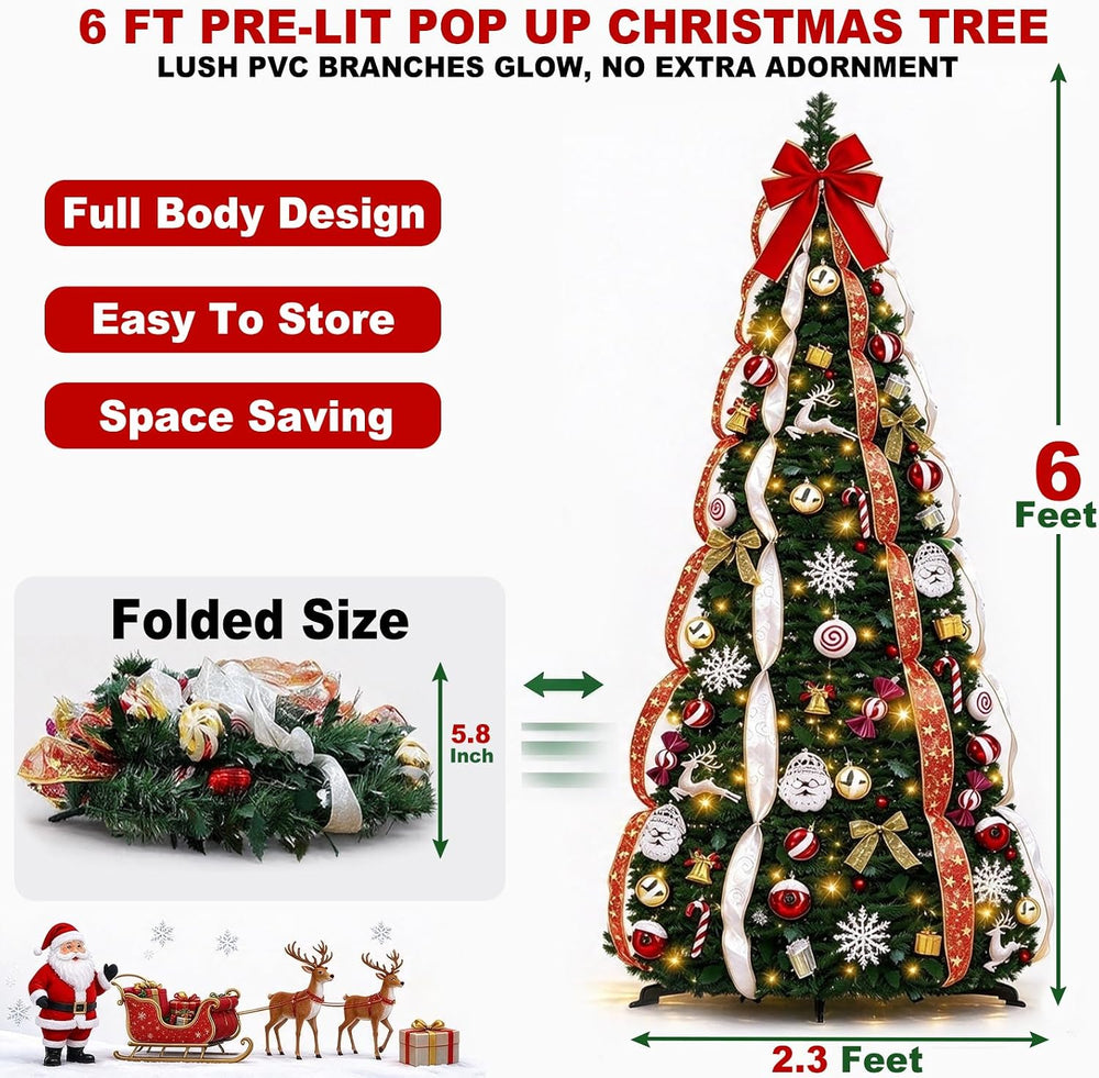 6FT Prelit Pop Up Christmas Tree, Pre-Decorated Collapsible Xmas Tree Decor