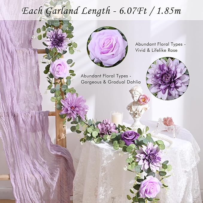 Waipfaru 2 Pcs Flower Garland, 6.07Ft Eucalyptus With Flowers, Rose Floral Vines for Wedding Reception Table Mantle Room Spring Summer Decor (Purple)