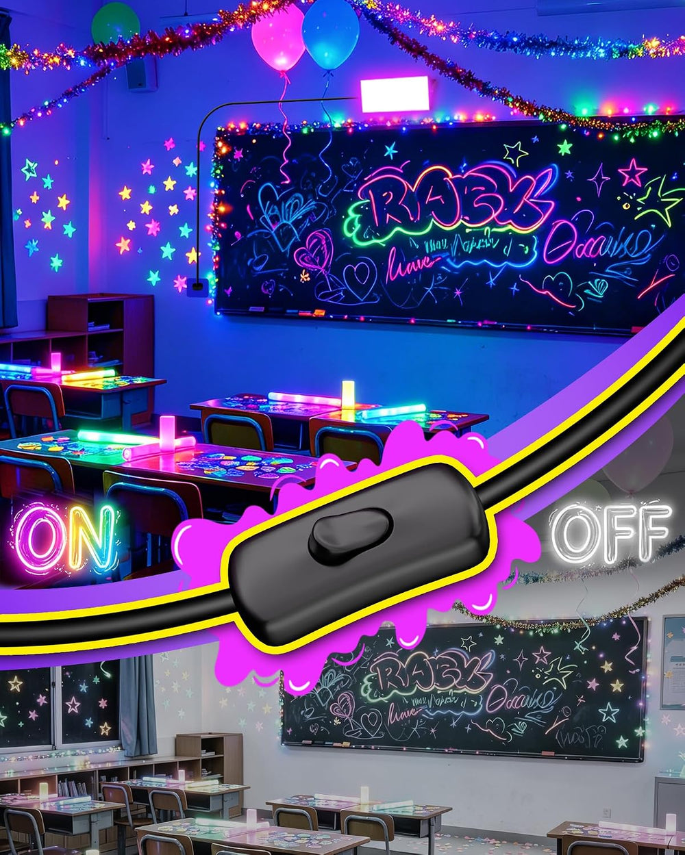 4 Pack 50W Black Light IP66 with Switch+6FT Cord for Halloween Glow Party