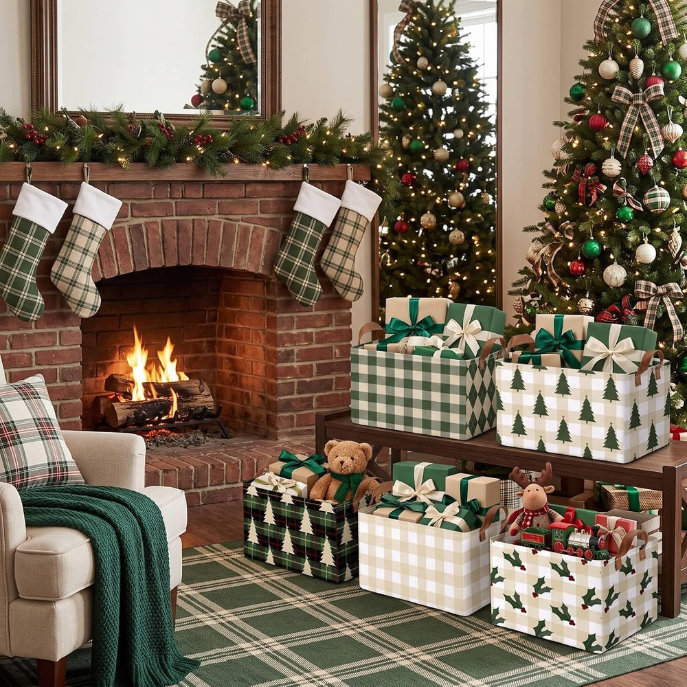 Boao 6 Pack Vintage Plaid Christmas Storage Baskets for Gifts Empty