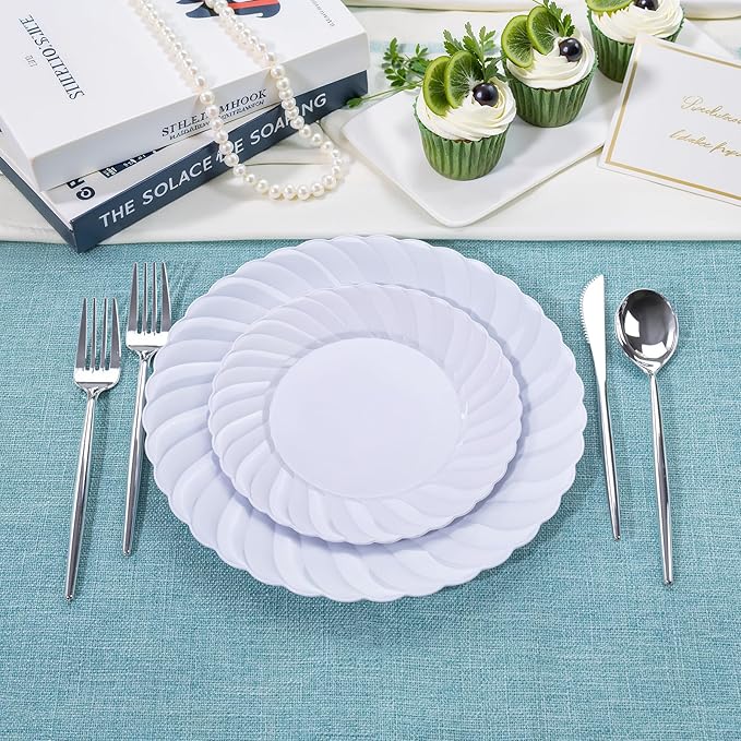 U-QE 60 Pcs White Plastic Plates for Party – Scalloped Plastic Plates Heavy Duty & Elegant – Include 30 10.25" Dinner & 30 7.25" Dessert Plate - Perfect for Weddings, Bridal Showers and Parties