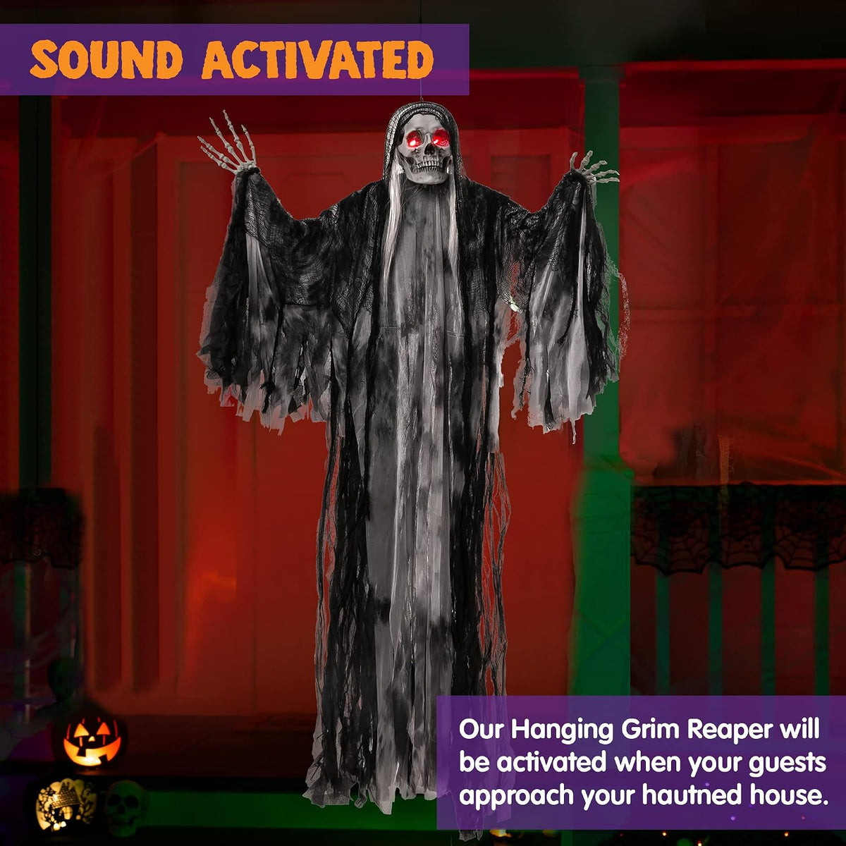 JOYIN Halloween Animated Hanging Grim Reaper Outdoor Decorations with Voice Control Glowing Eyes and Creepy Sound, Halloween Decoration for Haunted House Prop Graveyard Lawn Indoor Party Supplies