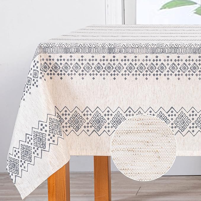MYSKY HOME Boho Rectangle Tablecloth 60x120 Inches Linen Farmhouse Tablecloth Waterproof Decorative Fabric Table Cloth for Kitchen Dining Bohemian Tablecloth for 8 Feet Table, Grey Tablecloth