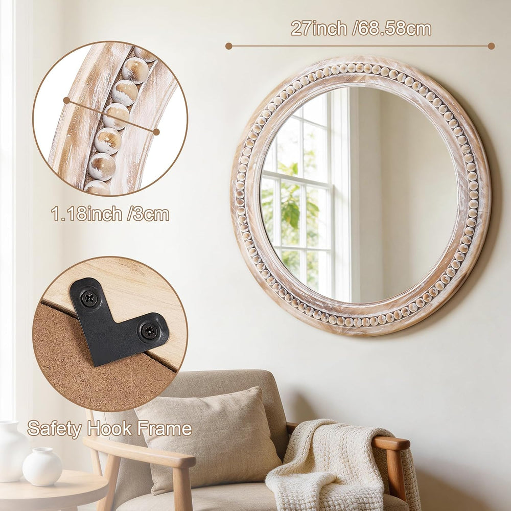27 Inch Wooden Round Beaded Wall Mirror,Farmhouse Wood Round Mirror