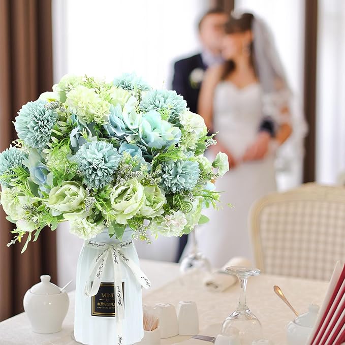 Tigeen Artificial Flowers Artificial Peonies Silk Flowers Faux Peony Fake Peony Silk Hydrangea Bouquet for Wedding Table Centerpiece Floral Vase Decor(White Green,12 Bundles)
