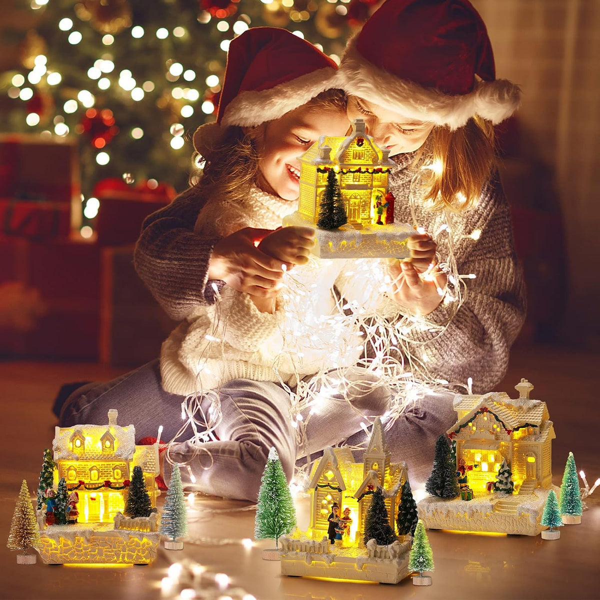 tuanse 15 pcs christmas village set, 4 led showing dimensions