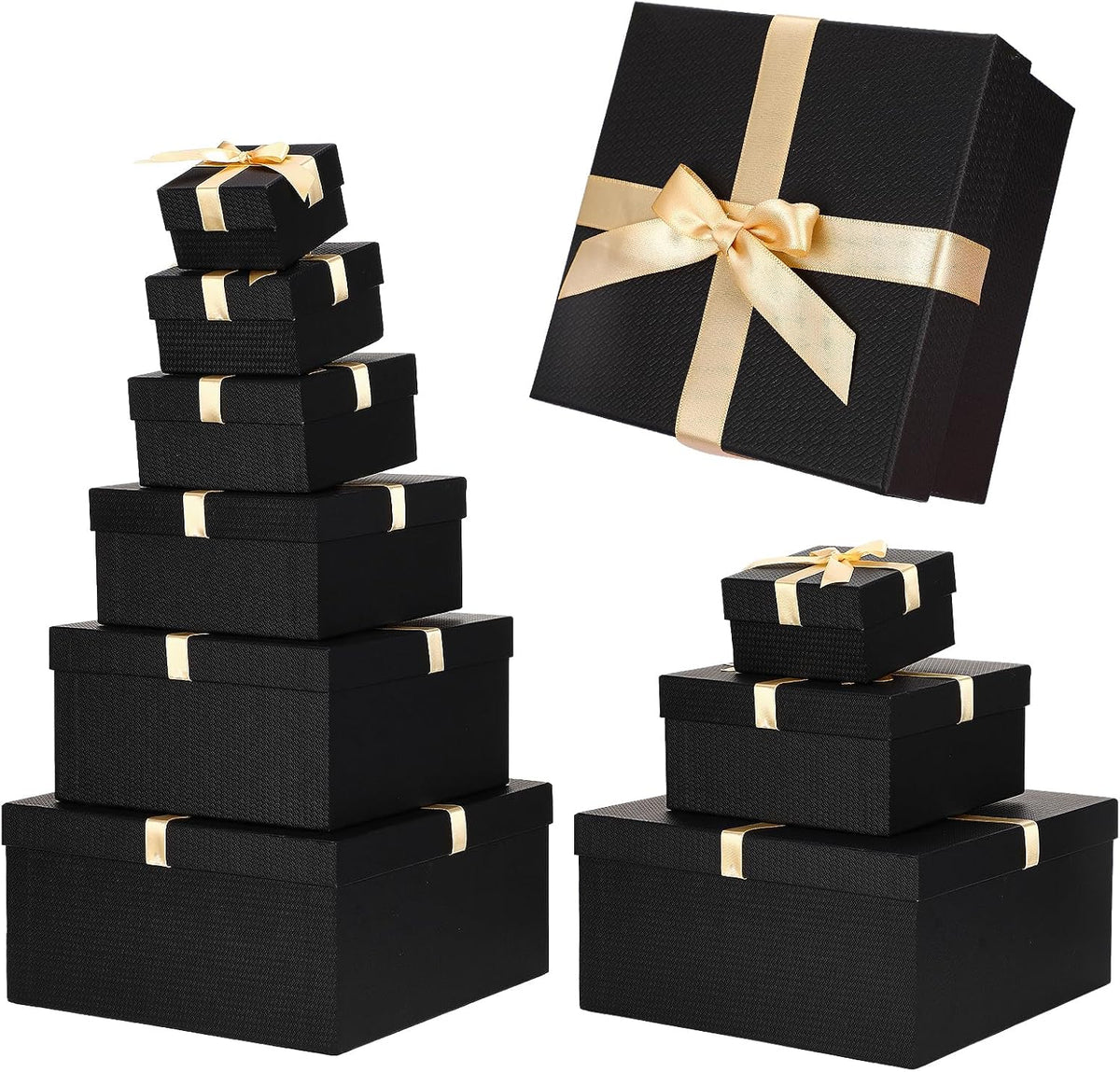 Chivertion 6 Pack Nesting Gift Boxes with Lids Ribbon, Large Square, Black