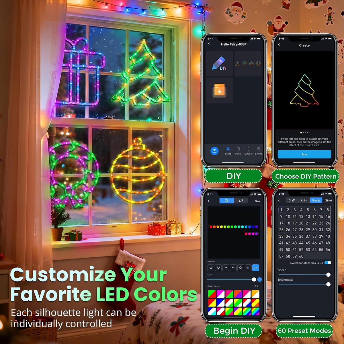 reshake 4 pack smart christmas window lights, rgb shown in use
