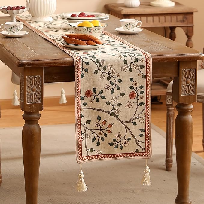 ISAENNE Designer Elegant Linen Floral Table Runner 71 Inches Long,Farmhouse Light Beige Durable Decor Table Runners for Dining Tables,Thanksgiving,Kitchen Tables,Christmas,12"*71"-Flora A