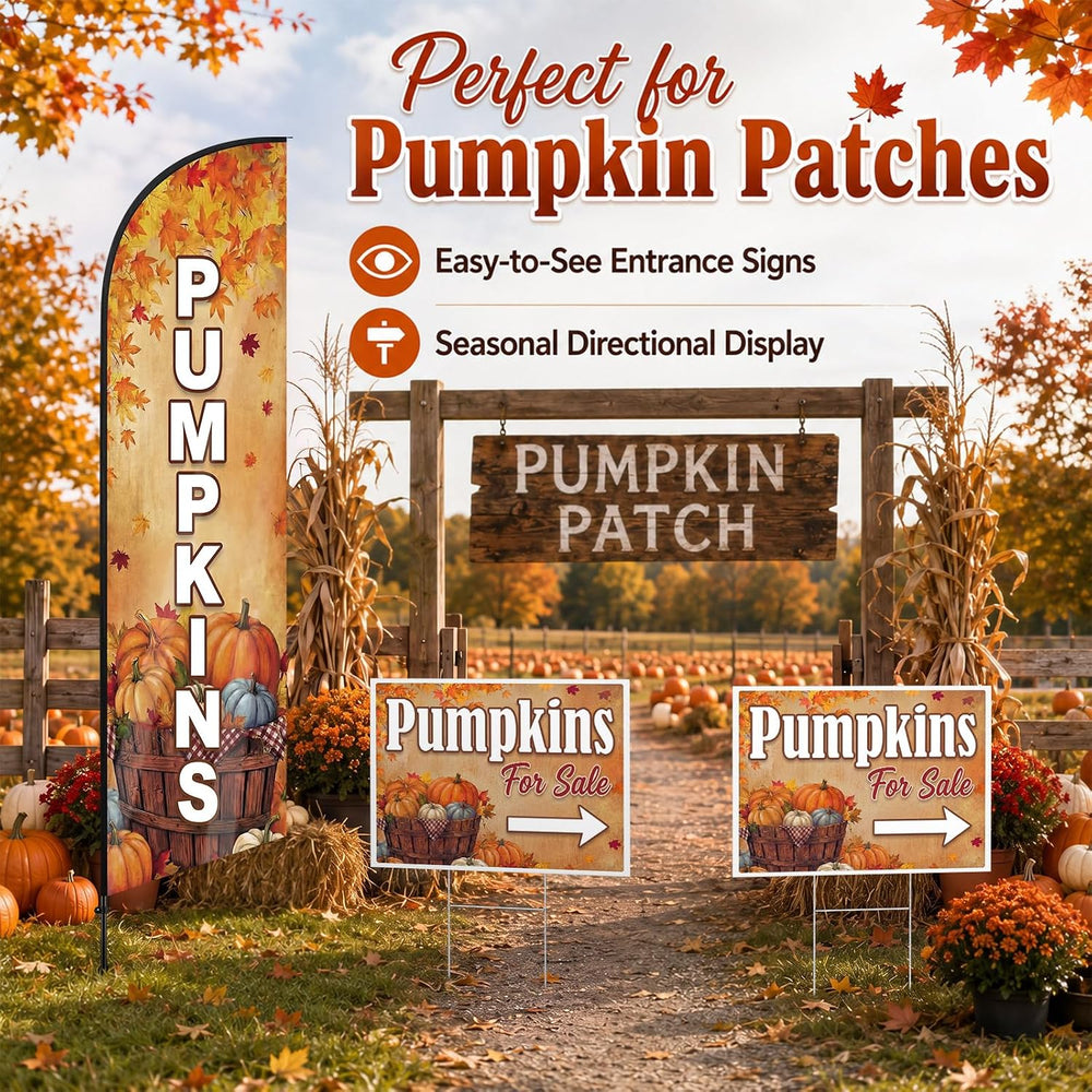 3pcs Fall Pumpkins Feather Swooper Flag Kit, Yard Sign with Pole Stake