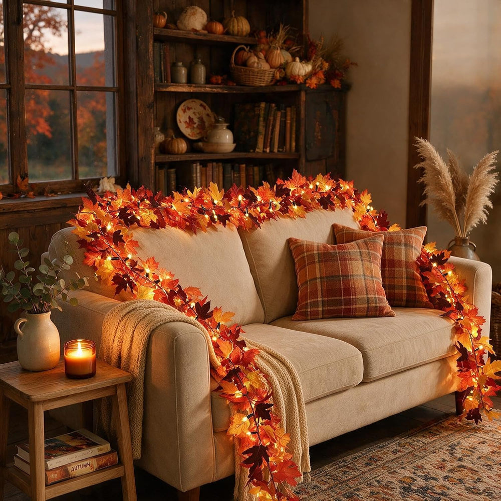2Pack 9Ft 50 LED Maple Leaf Garland Battery Operated with Timer,8 Modes Water...