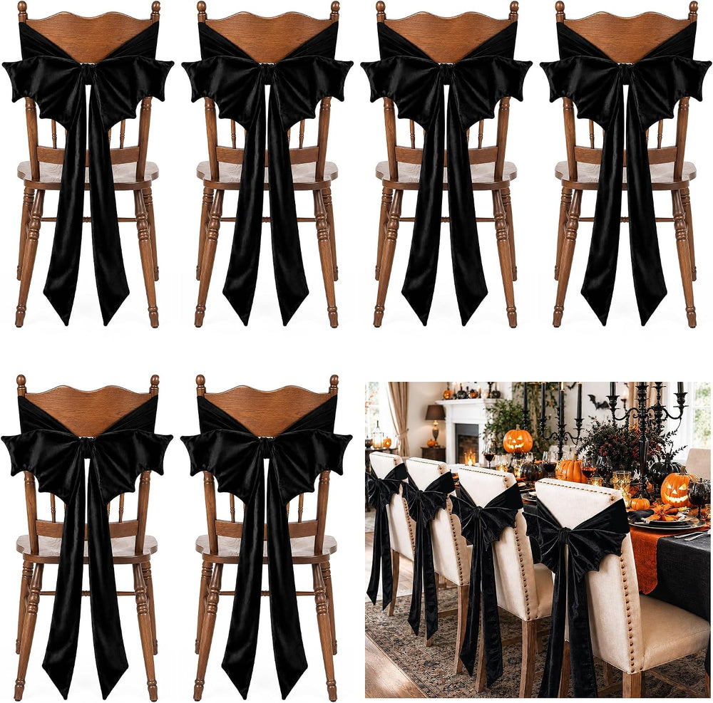 6 Pcs Black Velvet Chair Bow Sashes, 33"L Halloween Chair Bow Cover Decor
