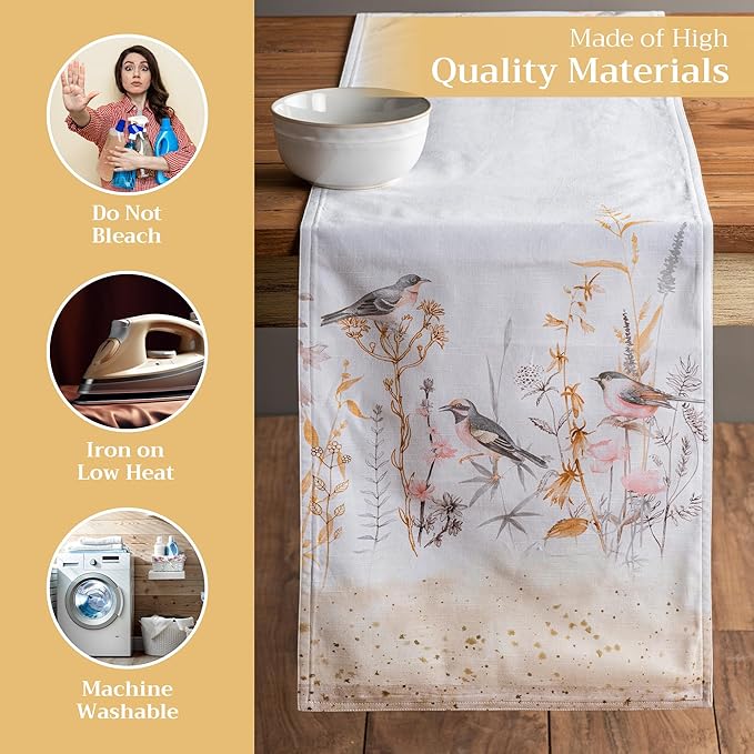 Maison d' Hermine Table Runner 100% Cotton Double Layer Table Runners 108 inches Long Decorative for Home Dining Party Wedding Bridal Shower Spring Summer (Meadow Florals - Beige, 14.50" x 108")