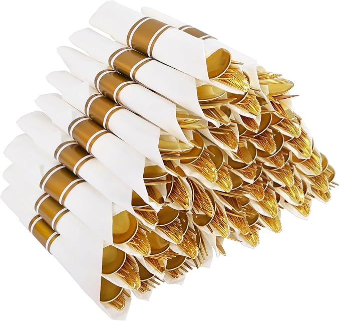 50Guests Pre Rolled Gold Plastic Silverware Sets - Heavy Duty Gold Cutlery - Include 50 Pack Wrapped Disposable Utensils with Napkins for Parties, Dinners & Weddings
