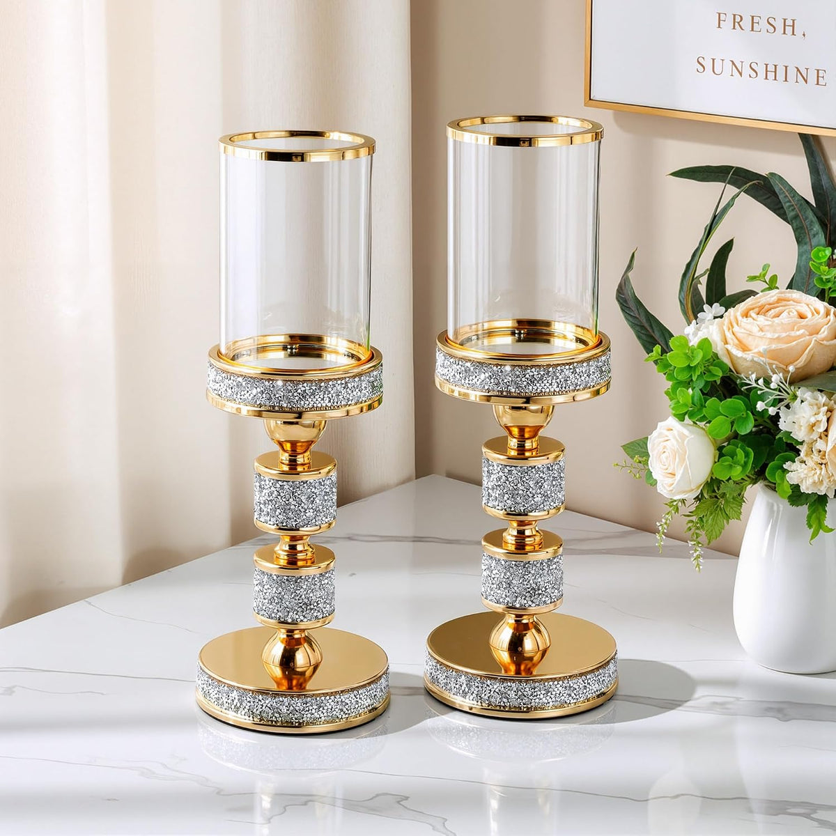 Hurricane Candle Holder, 13.5" Tall Metal Candle Stand, Glass Pillar Candle Holders, Crystal Gold Decorative Centerpieces for Table, Wedding and Dining Room (Fits Candles up to 3"x5", 2pcs, M)