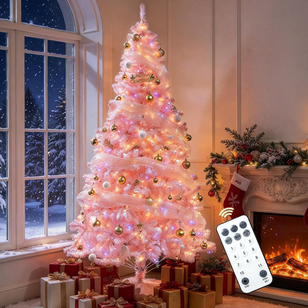 7.5ft Pink Christmas Tree with 600 Warm & Colorful Lights & Storage Bag