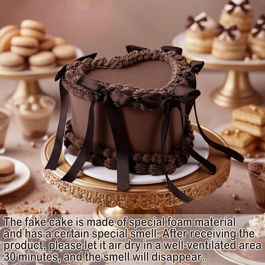 Remerry 6 Inch Chocolate Heart Fake Cake Bow Birthday Fake Cake Decor