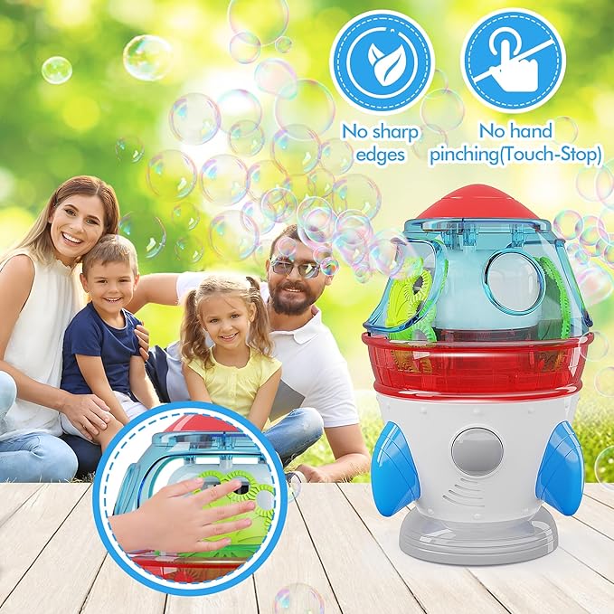 Rocket-Shaped Bubble Machine for Kids & Pets - Dual Powerful Bubble Outlets, Automatic 360° Rotation, Adjustable LED Lights & Music – Ideal for Indoor/Outdoor Birthday Parties