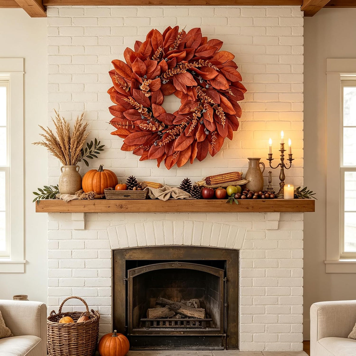 Large Artificial Magnolia Leaves Fall Wreath for Front Door Outside Decor