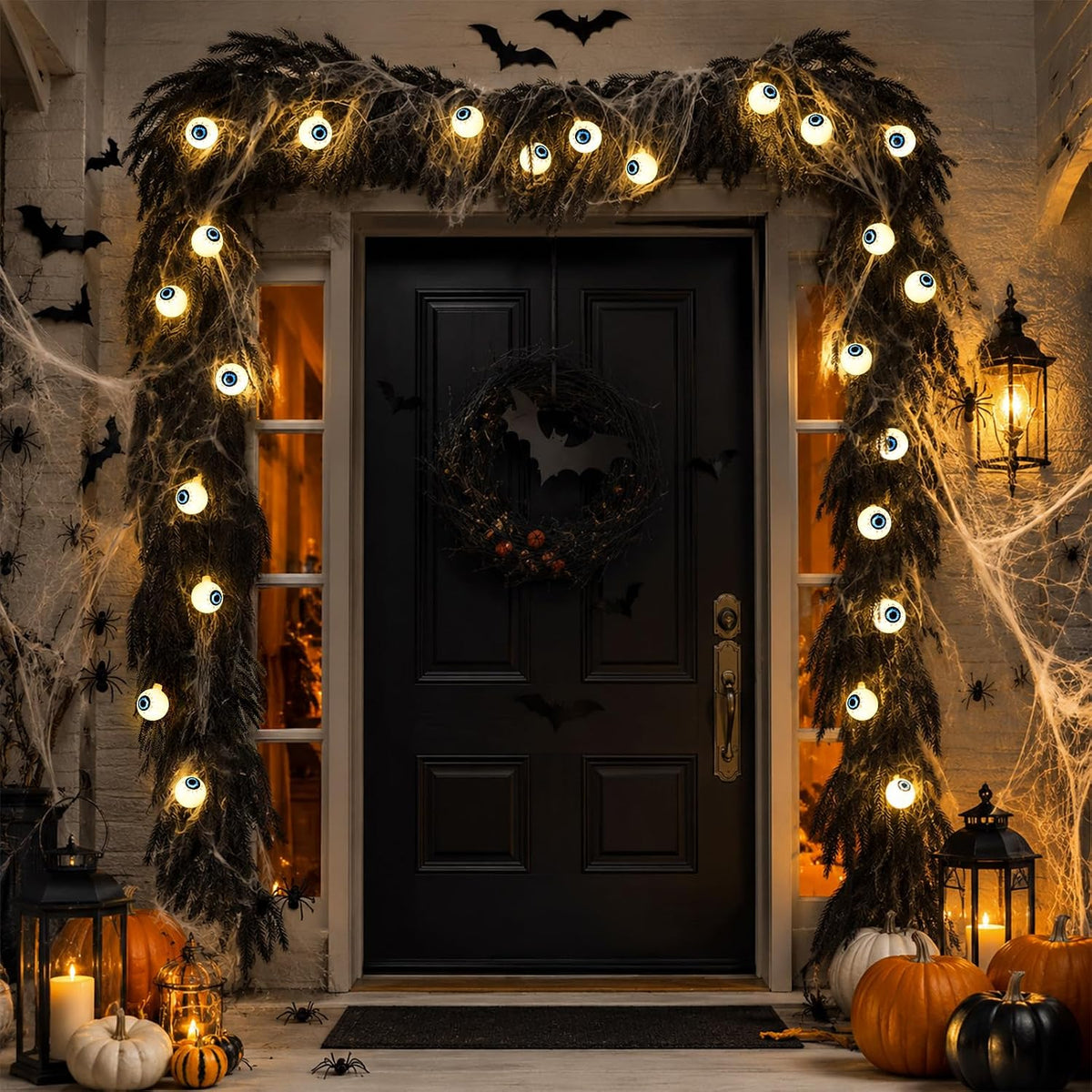 9FT Black Halloween Garland with Eyeball String Light Spider Cotton Spiders