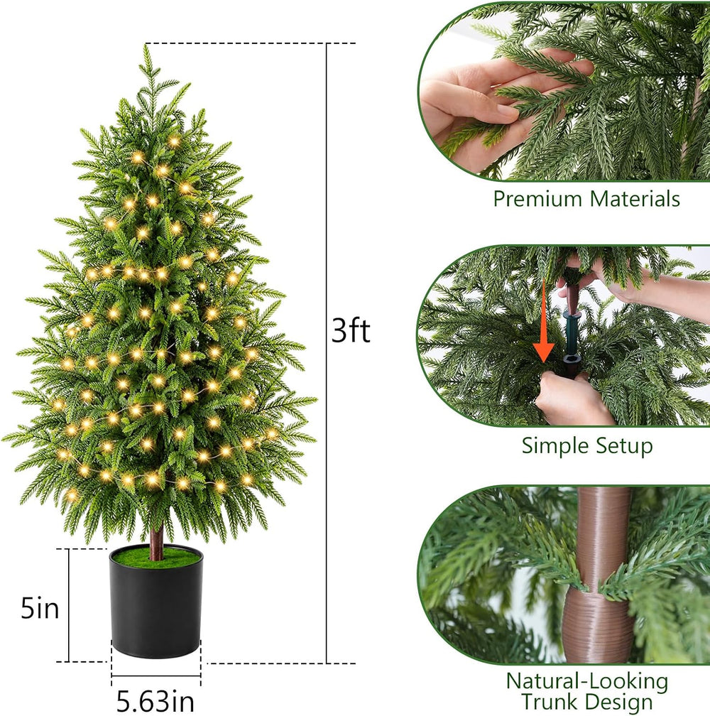 Christmas Decorations - 2 Pack Pre-Lit 3FT Artificial Norfolk Tree
