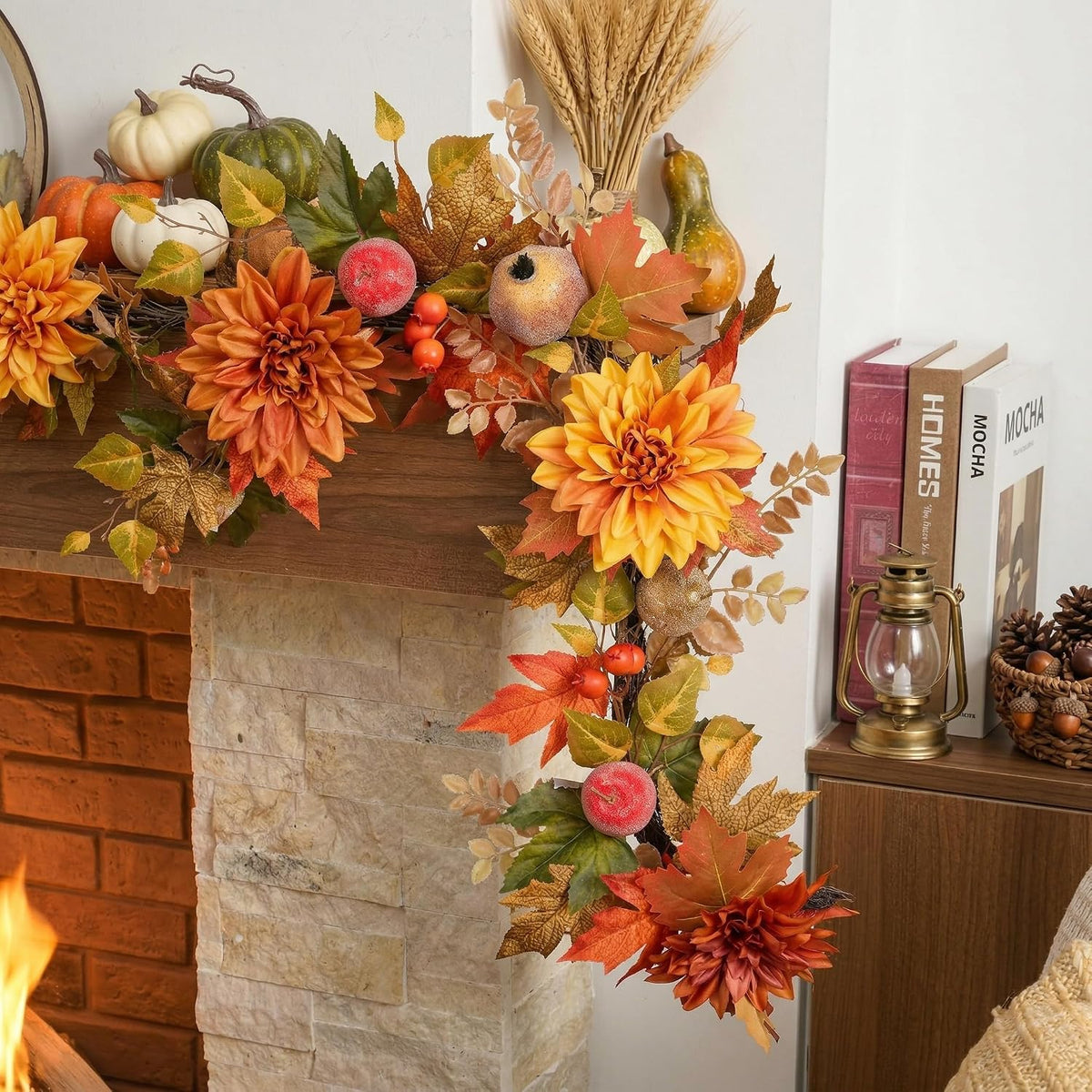 Valery Madelyn 6ft Pre-Lit Fruits & Dahlia Fall Garland for Mantel