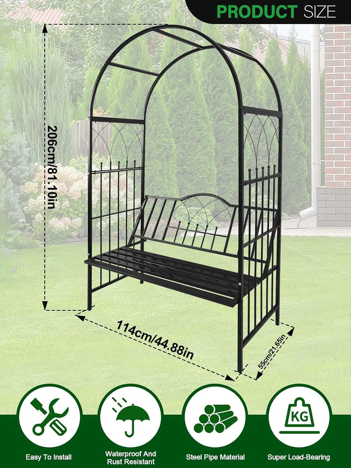 kalolary garden arbor with bench, metal garden arch shown in use