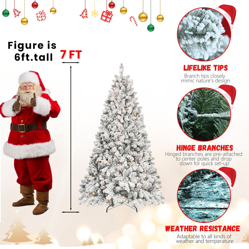7FT Prelit Flocked Christmas Tree with Pine Cone, Premium Artificial Christma...